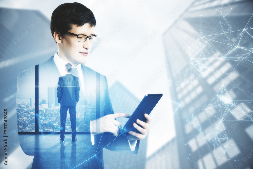 Poster businessman using digital tablet computer with polygonal hologram