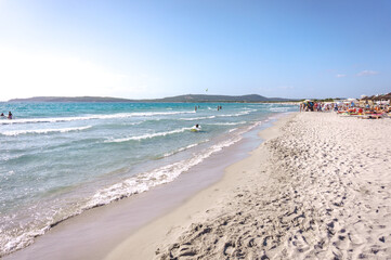 PORTO PINO, SARDINIA, ITALY - SEPTEMBER 6, 2019: Porto Pino beautiful sandy beach in Sant'Anna Arresi, south Sardinia, Italy