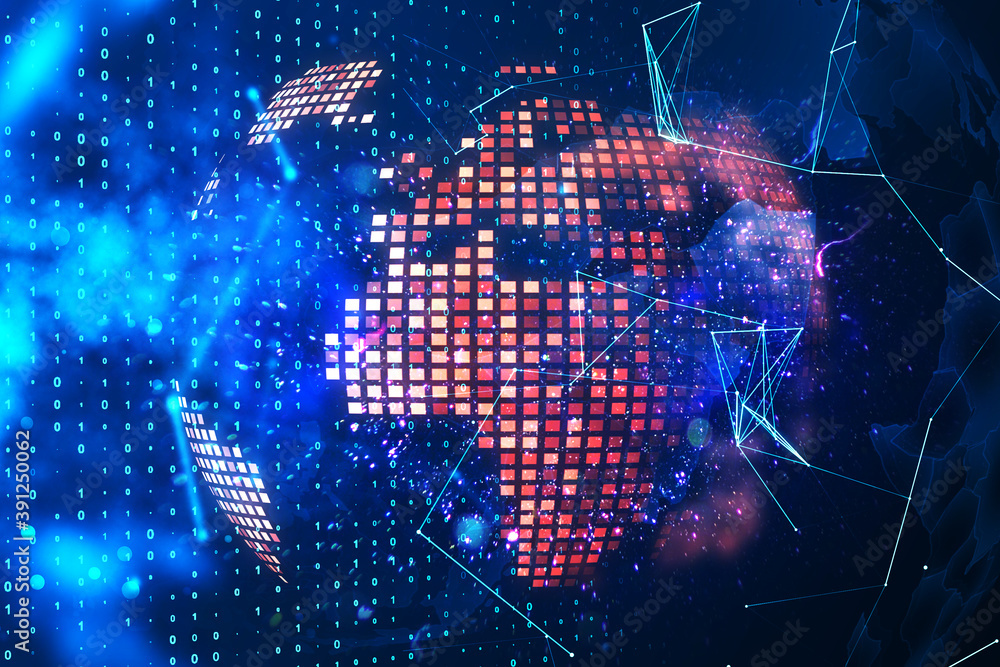 Poster Glowing pixel world map on virtual screen.