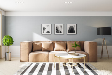 Clean living room with brown couch