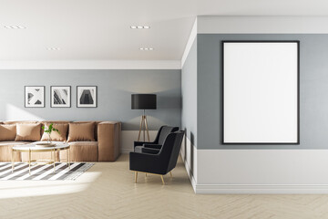 Clean living room interior with blank vertical banner on wall.