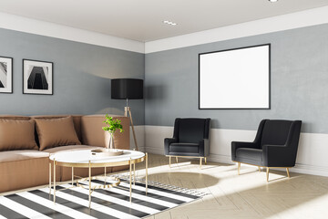 Modern living room interior with blank poster on wall.