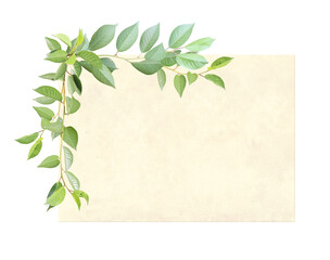 Horizontal retro card with cherry tree branch with green leaves