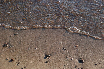The wave rolls back from the shore.
The water in the gulf has run up to the shore and is rolling back. Small stones and sand in the water. Transparent water Waves. Wet sand. Bubbles at the edge of the