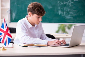 Schoolboy learning english language via Internet