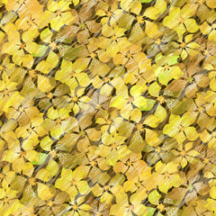 Beautiful yellow and green colored floral vector seamless pattern. Different brightness abstract motley flowers under water waves. Bright autumn or summer background.