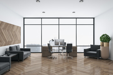 Fototapeta premium Contemporary office hall with panoramic city view