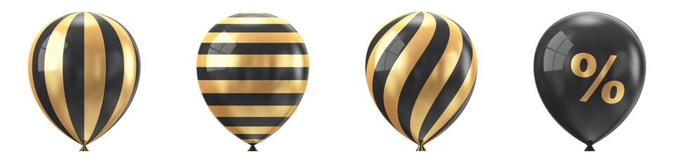 Set of shiny black air balloons decorated with gold patterned background. 3d rendering. Illustration for advertising. Black Friday discounts.