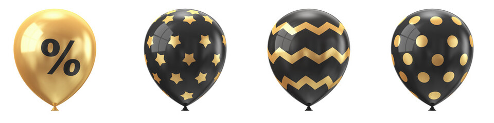 Illustration for advertising. Set of shiny black air balloons decorated with gold patterned background. 3d rendering. Black Friday discounts.