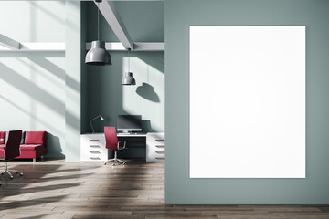 Luxury office interior with blank poster on wall