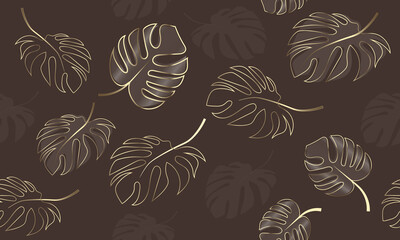 Vector Seamless Gold Hand drawing Palm Leaves on a Brown Background. Tropical, Luxurious Background for Wallpaper, Packaging, Fabric or Print Design.