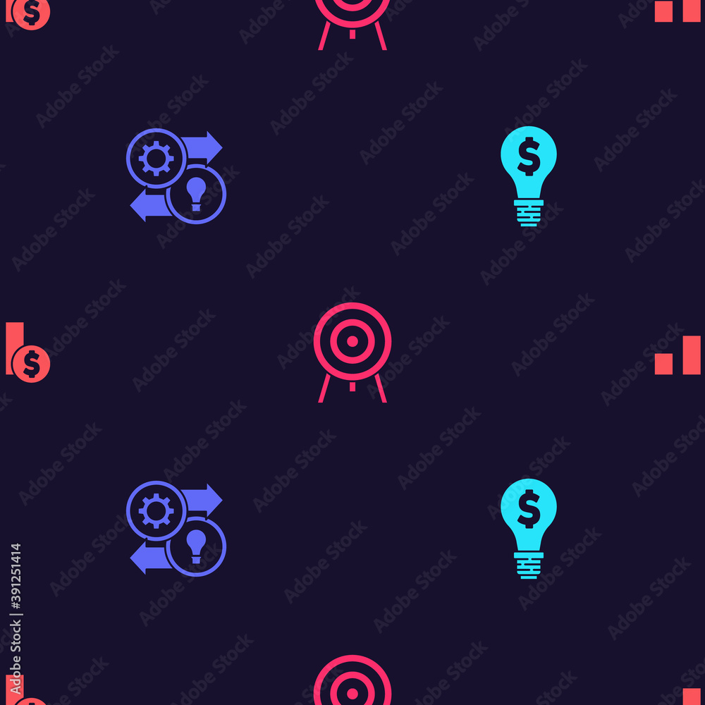 Poster set light bulb with dollar, human resources, target and pie chart and on seamless pattern. vector.