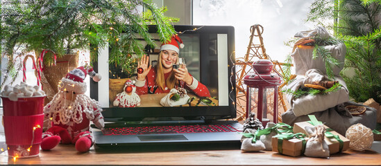 Christmas online holiday remote celebration X mas new year in lockdown coronavirus quarantine covid 19 new normal, social distance, remote communication, stay home vocation, Christmas party online