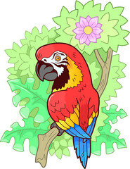 cartoon cute macaw parrot sitting on branch, funny illustration