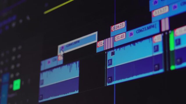 Video editing on your computer. Monitor your computer and record the video editing program: fragments are connected together. Video processing, post-production, clip maker. display, macro.