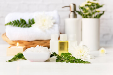 Obraz na płótnie Canvas soft focus. Spa beauty massage health wellness. Spa Thai therapy treatment aromatherapy for body woman with white flower nature candle for relax and healthy care.