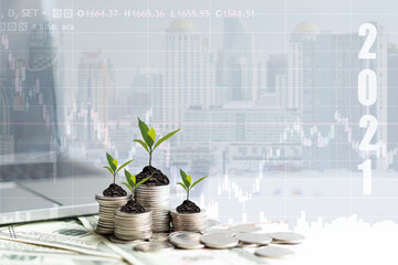 2021 New year on growing up money coin stack for investment.  Economic and business growth in 2021, planning financial report for investor real estate business