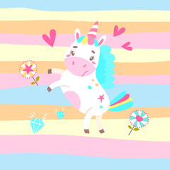 Obraz na płótnie Canvas ute unicorn stands on its hind legs on a rainbow background.
