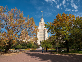 Autumn view of the Lomonosov State University, building and sightseeing in Moscow.