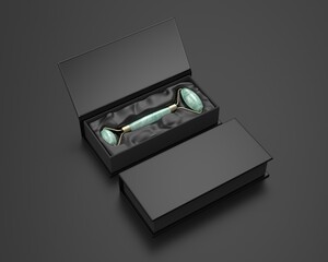 Dual Sided Facial Roller Massager In Hard Book style Box For Mockup And Branding, 3d render illustration. 