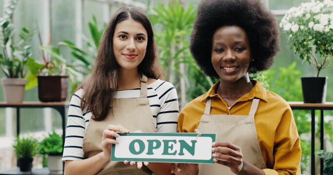 Close up portrait of joyful mixed-races female employees in aprons standing in floral shop holding Open sign in hands and smiling to camera. Caucasian and African American females opening flower store