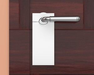 Blank Door hanger flyer white tags for room in hotel, resort, home isolated for design template. 3d render illustration.