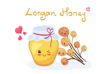 Longan Fruit Honey in glass jar illustration. Vector kawaii funny smiling tropical dessert in cute cartoon style isolated on white background. Sweet Asian fruit honey. Kids menu design with lettering.