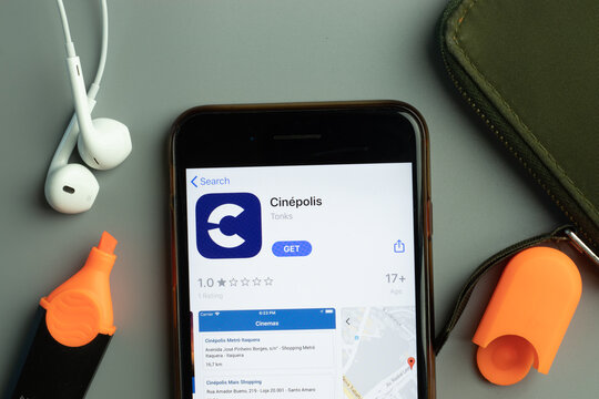 New York, USA - 26 October 2020: Cinepolis mobile app icon logo on phone screen close-up, Illustrative Editorial