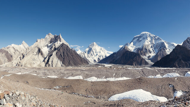View of Crystal peal, Marble peak, K2 mountain and Broad peak, along with Baltoro glacier, Concordia, K2 base camp trek, Pakistan