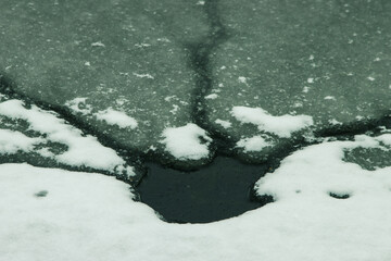 Ice and snow covered lake surface with ice thickness, holes and cracks in the form of rays, winter water surface.