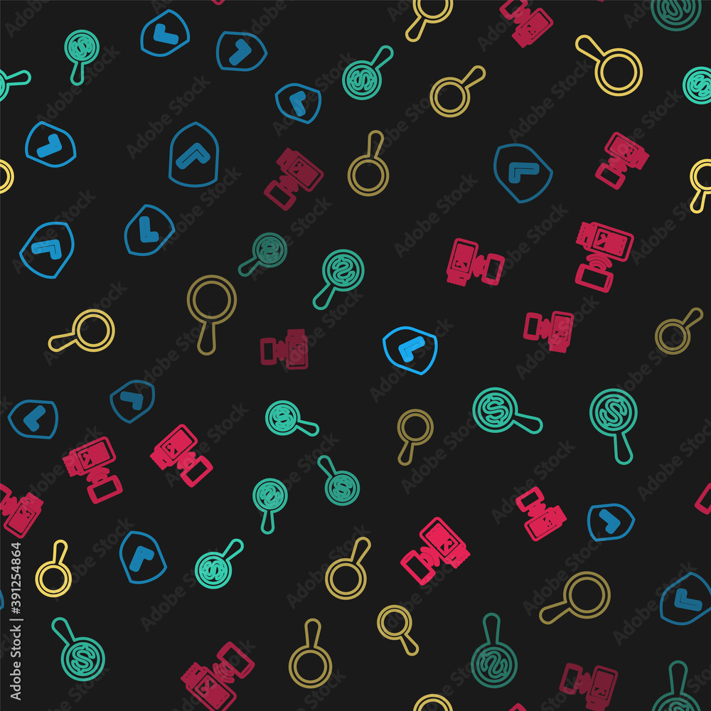 Poster set line shield with check mark, magnifying glass and dollar, and pos terminal on seamless pattern. 