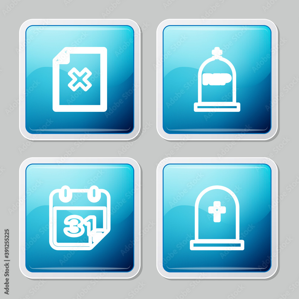 Poster set line delete file document, tombstone with rip written, calendar and cross icon. vector.