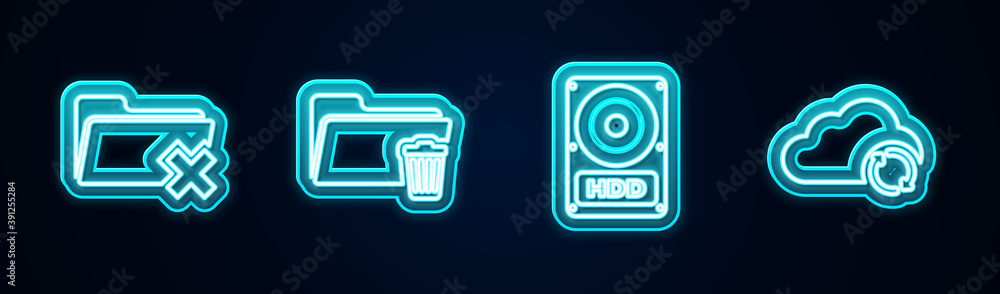 Poster set line delete folder, , hard disk drive hdd and cloud sync refresh. glowing neon icon. vector.