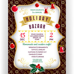 Poster for winter holiday bazaar. Invitation flyer with paper cut effect border with Christmas decorative items.