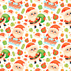 Cute cartoon christmas seamless pattern. Santa Claus in the chimney with a bag of gifts seamless pattern.