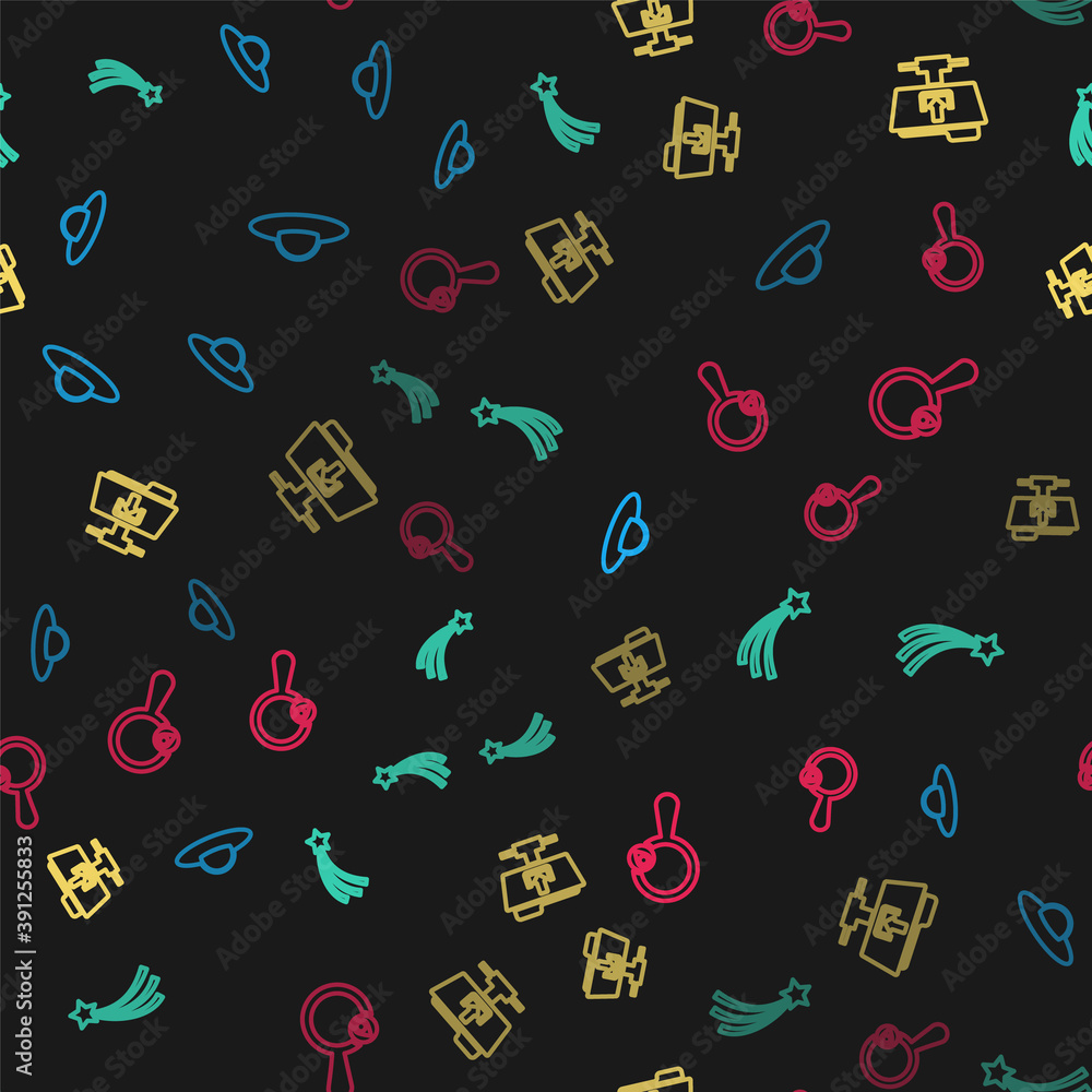 Poster set line ufo flying spaceship, falling star, ftp folder download and search location on seamless pat