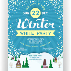 Poster for winter white party. Invitation flyer with ski resort and snowfall. - 391256211