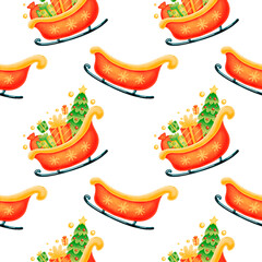 Cute cartoon christmas seamless pattern. Sleigh with gifts seamless pattern.