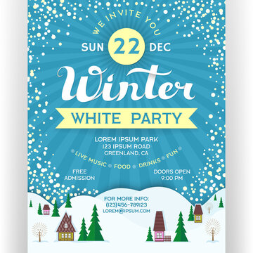 Poster for winter white party. Invitation flyer with ski resort and snowfall.