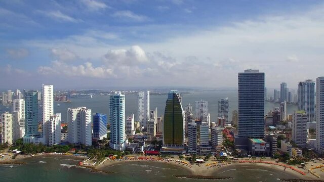 Aerial view of beaches and modern high rise buildings in the Bocagrande neighbourhood during summer in Cartagena de Indias, Caribbean Coast Region, Colombia.
