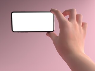 Obraz premium 3D rendering of hand emerged from the ground and holding new Smartphones white screen on pink floor. Smartphones white screen can be used for advertising, Isolated on pink background, illustration.