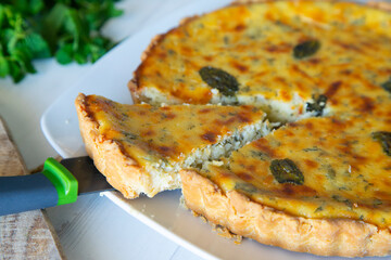 Flaó traditional dessert from Ibiza. The cheesecake is a unique combination of flavors — anise and mint.  The filling is made from fresh cheese (or ricotta and mascarpone), eggs and chopped mint.