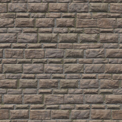 Uneven cracked real stone wall surface with cement and exposed moss. Background of old dirty stones damaged by time. 3D-rendering