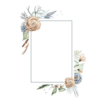 Winter christmas plants, leaves, branches, flowers in blue, brown and green watercolor rectangular frame