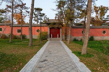 In autumn, ancient building lofts and ginkgo trees are in Jinci Park, Taiyuan, Shanxi, China