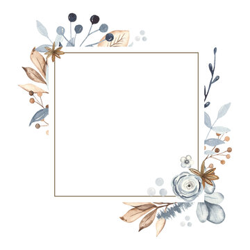 Winter christmas plants, leaves, branches, flowers in blue and brown watercolor square frame