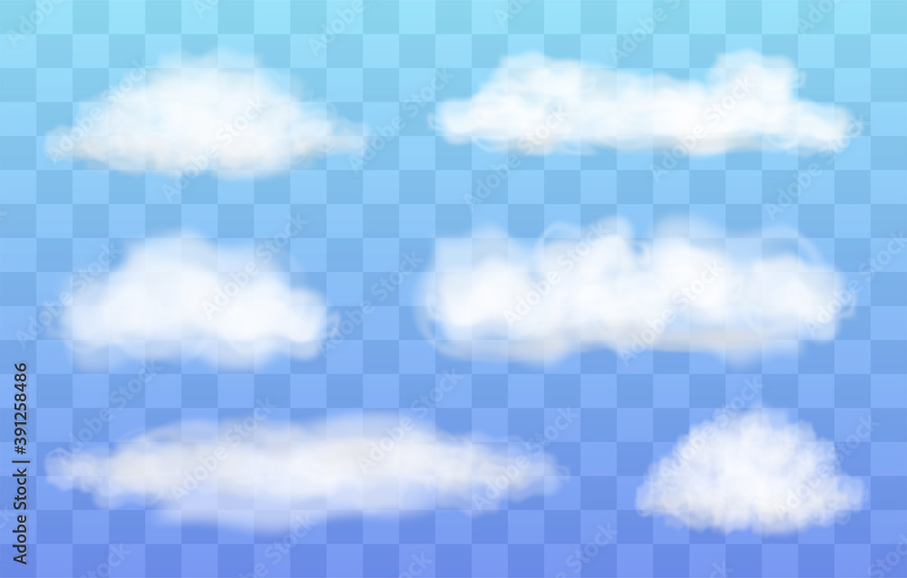 Poster set 6 of transparent different clouds isolated on blue background. real transparency effect. vector.