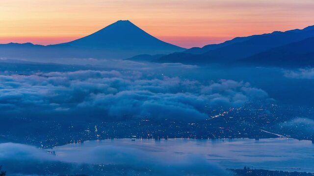 高ボッチ高原から諏訪湖と雲海に浮かぶ富士山Timelapse(固定版)