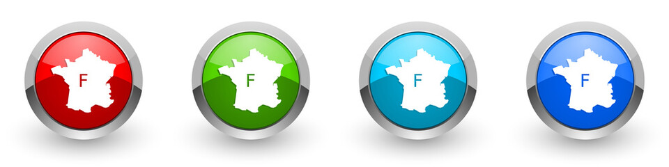 Map of France silver metallic glossy icons, set of modern design buttons for web, internet and mobile applications in four colors options isolated on white background