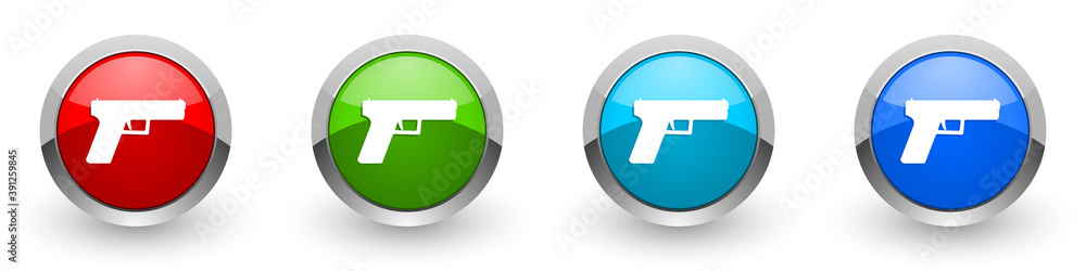 Poster pistol, gun, weapon silver metallic glossy icons, set of modern design buttons for web, internet and